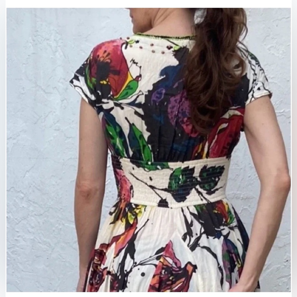 Sandy Starkman Artsy Beaded Colorful Watercolor Floral Cotton Dress 1X Vintage - Picture 3 of 15